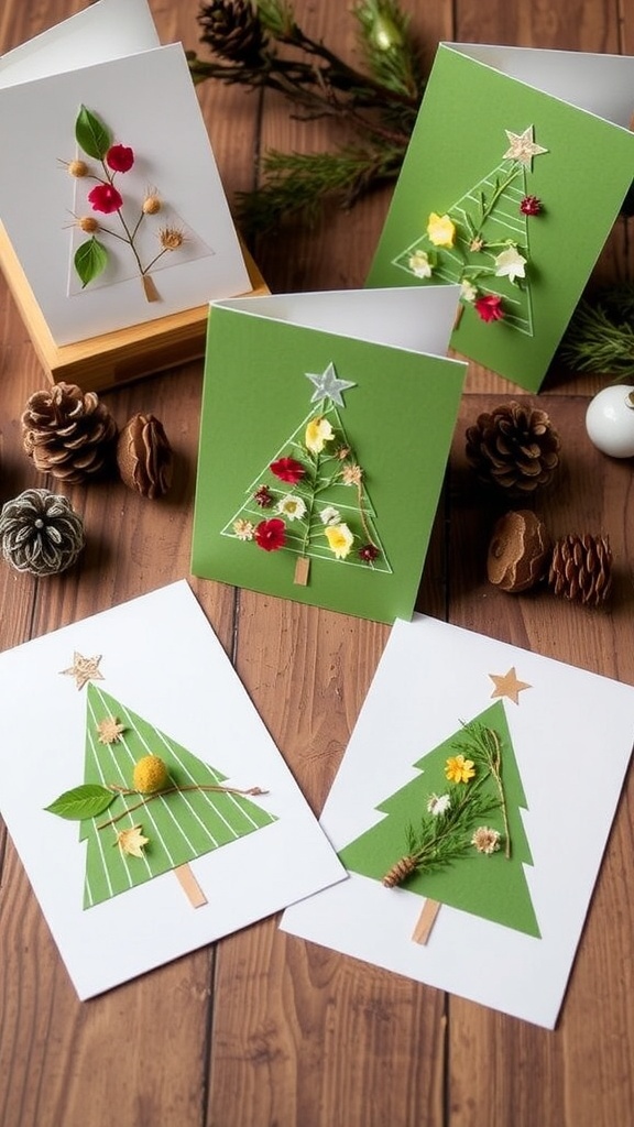 A set of DIY green Christmas cards with natural decorations on a wooden table.